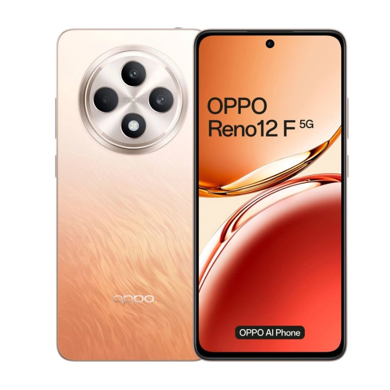OPPO Reno12 F 5G smartphone showing the front screen display and rear camera setup in a gold color.